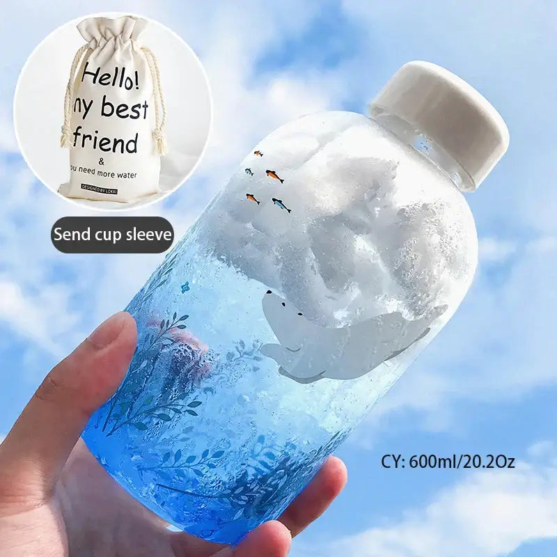 DecorBites™ glass water bottle with sleeve featuring clear plastic body white lid and blue aquatic fish design for outdoor use