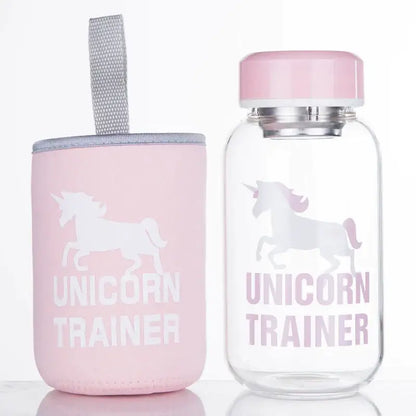 Decorbites™ pink unicorn glass water bottle with matching lid and neoprene sleeve ideal for outdoor activities