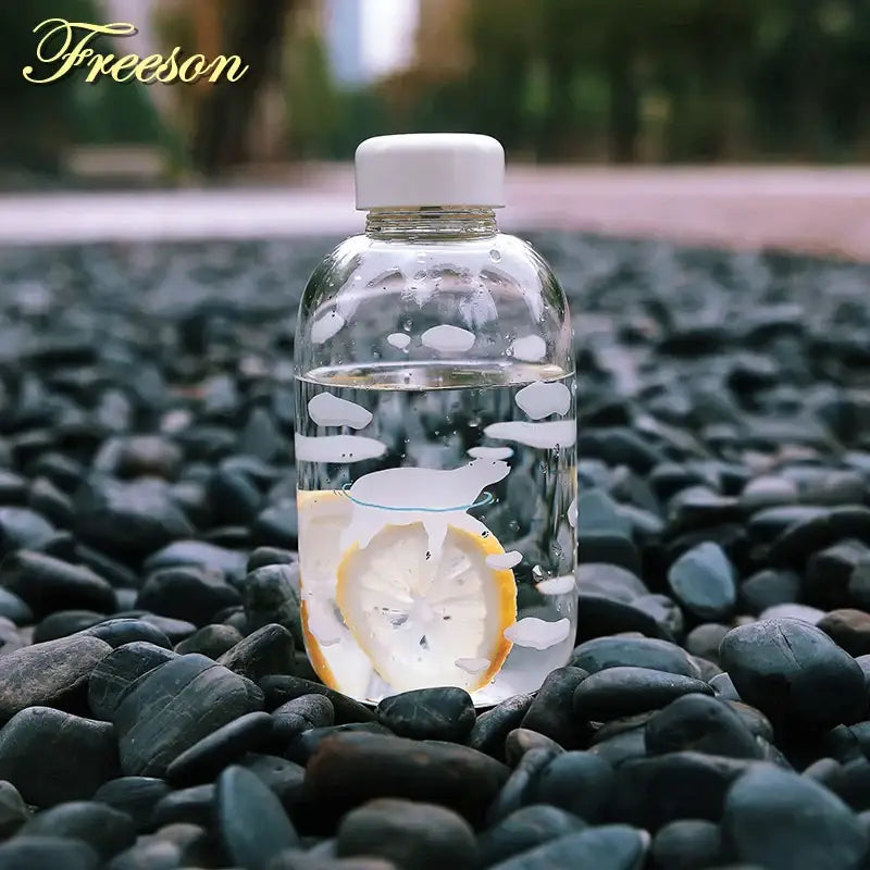 DecorBites™ glass water bottle with white cap featuring a lemon slice inside clear glass water for outdoor use