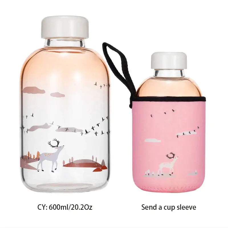 DecorBites glass water bottle with pink deer landscape illustration and white screw-on cap for outdoor activities