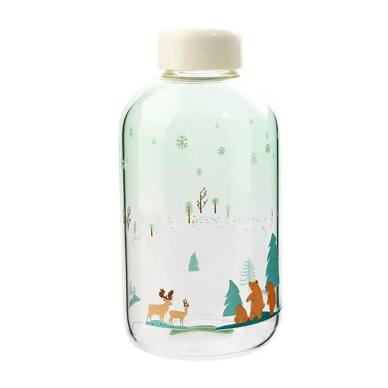 Decorbites™ animal glass water bottle with white cap featuring winter deer and bear scene for outdoor use