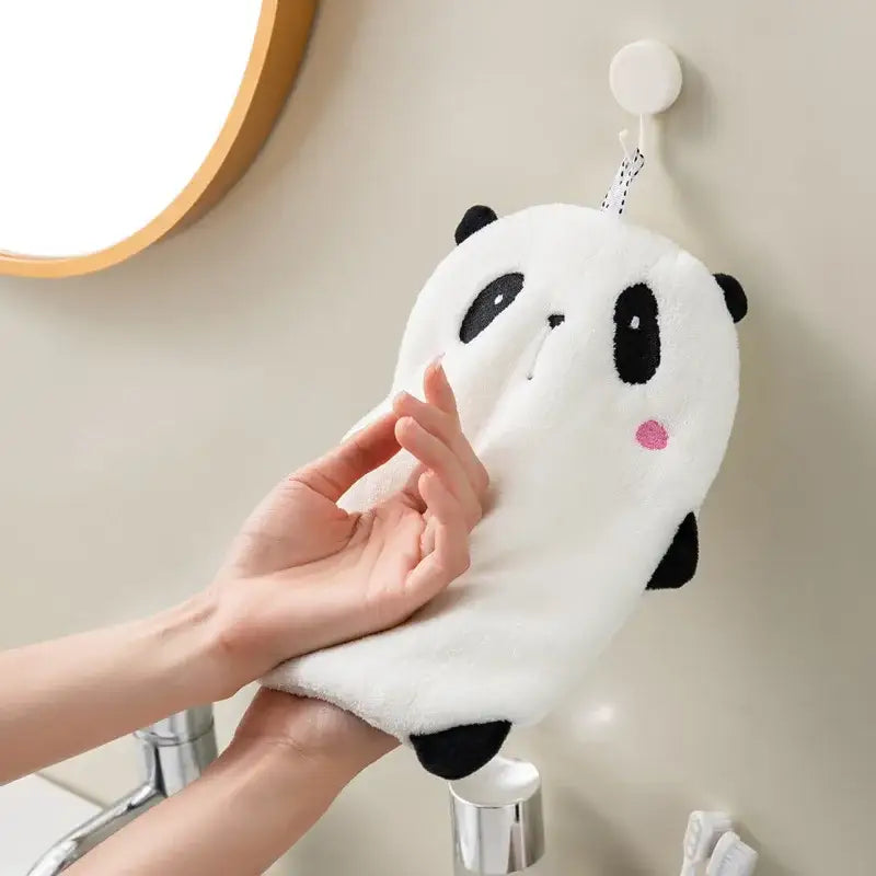 Soft white and black plush panda-shaped animal hand towel with pink cheeks in DecorBites™ child terry towels set