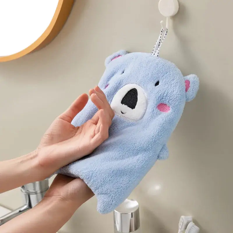 Light blue plush bear-shaped animal hand towel with pink cheeks and white snout from decorbites™ terry hand towels set