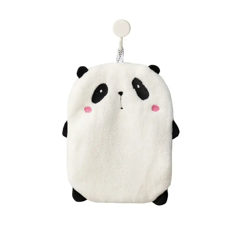 Decorbites™ animal hand towel featuring a plush white and black panda design with pink cheeks and hanging loop
