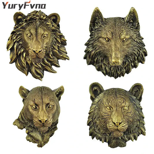 Bronze-colored resin decor featuring intricately detailed animal head wall hangers of lion wolf leopard and tiger