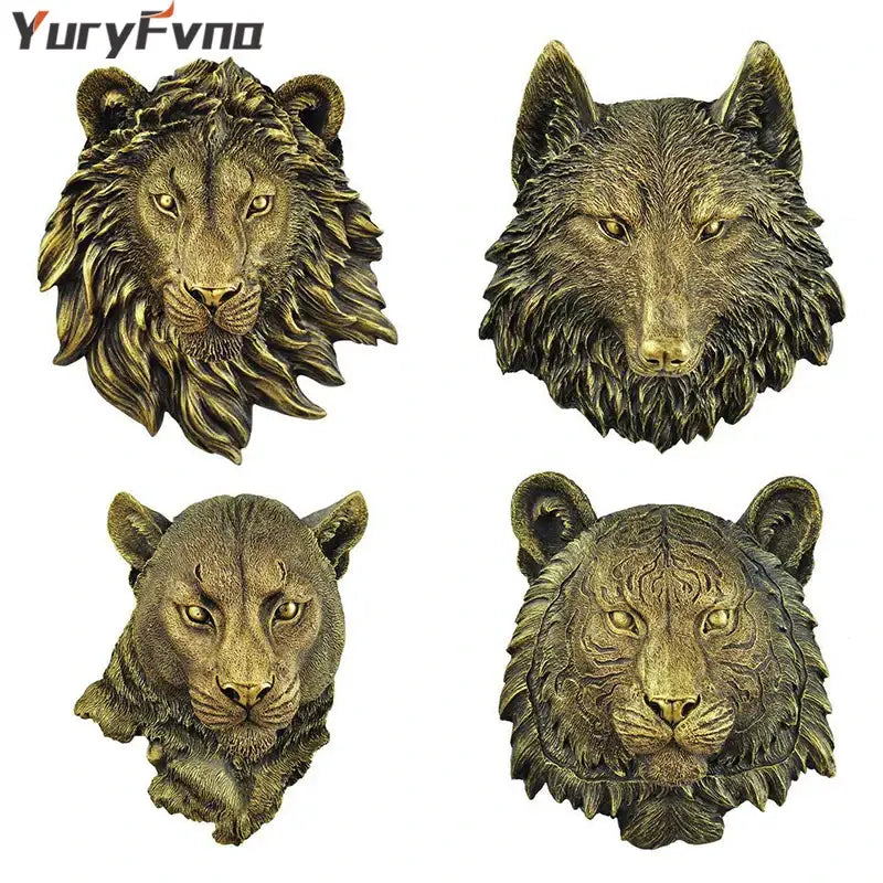 Bronze-colored resin decor featuring intricately detailed animal head wall hangers of lion wolf leopard and tiger