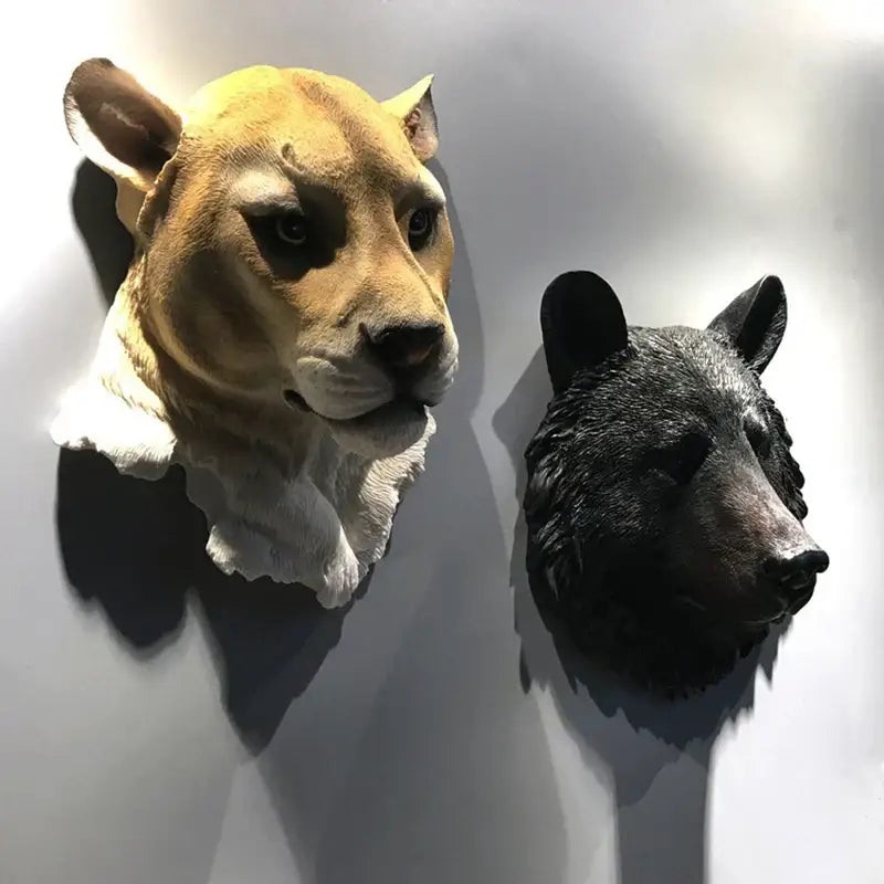 Realistic tan and white resin lion animal head wall sculpture with detailed fur texture by decorbites for decorative use