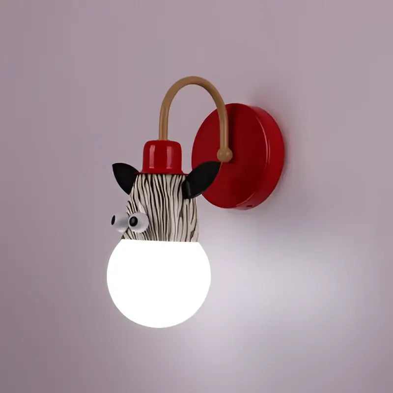 Red zebra-themed wall sconce with striped head black ears and white eyes animal led ceiling light for kids bedroom