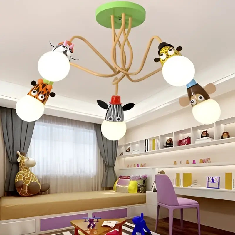 Green circular DecorBites™ animal led ceiling light with six wooden arms and white globes featuring colorful cartoon heads