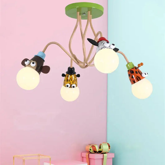 DecorBites™ animal led ceiling light with green and beige cartoon monkey zebra giraffe heads for kids bedroom