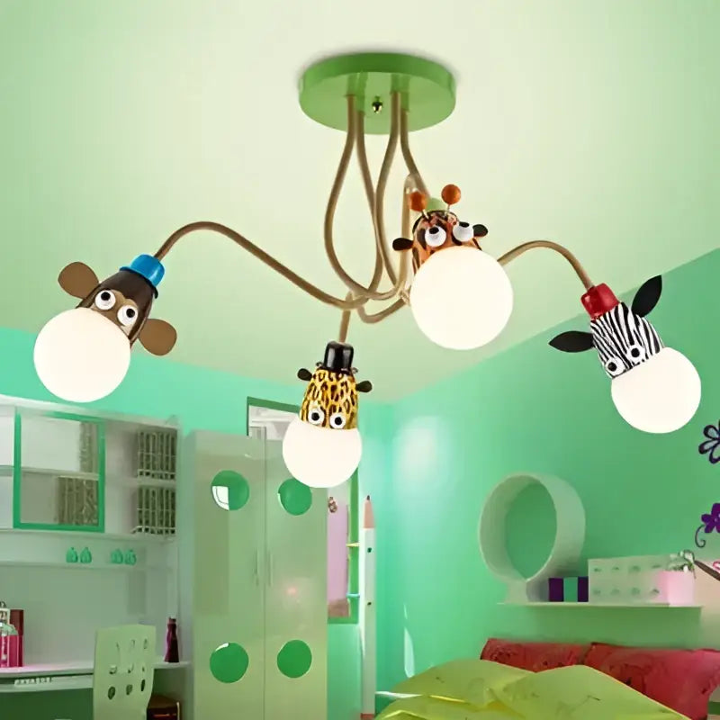 Decorbites™ green animal led ceiling light with monkey zebra giraffe cartoon heads and white globes for kids bedroom