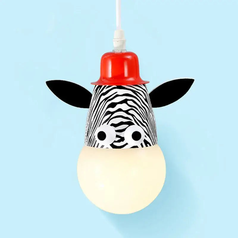 Decorbites animal led ceiling light featuring a whimsical zebra pendant with red hat and googly eyes for kids bedroom