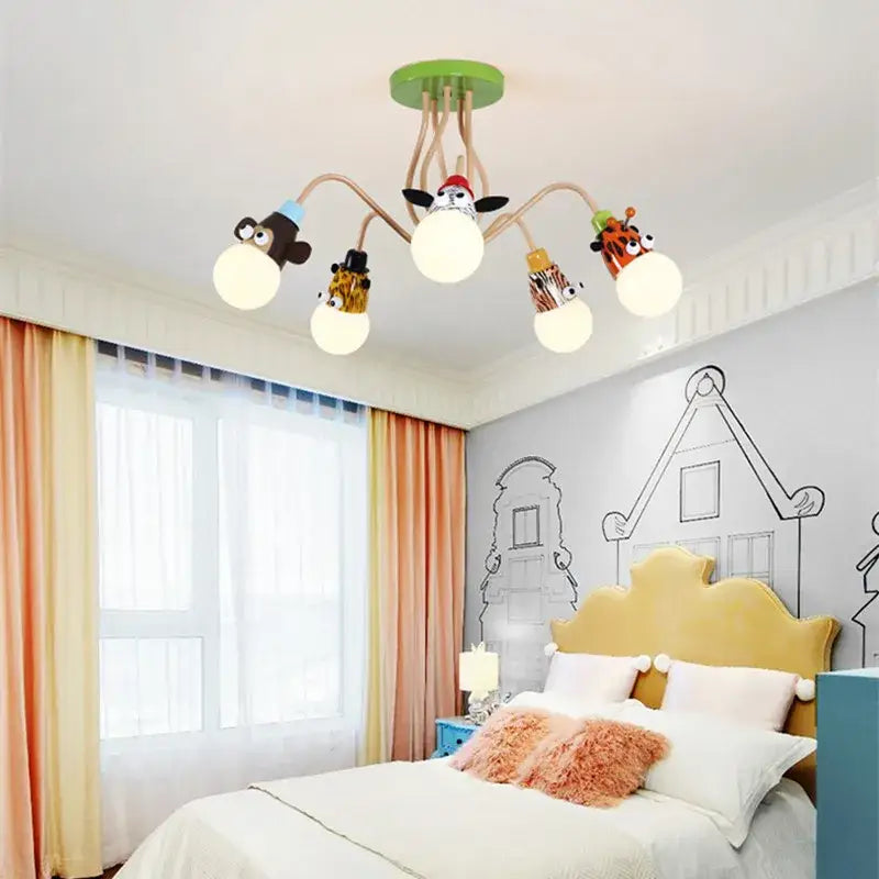 Green DecorBites animal led ceiling light with five whimsical monkey zebra giraffe fixtures for kids bedroom