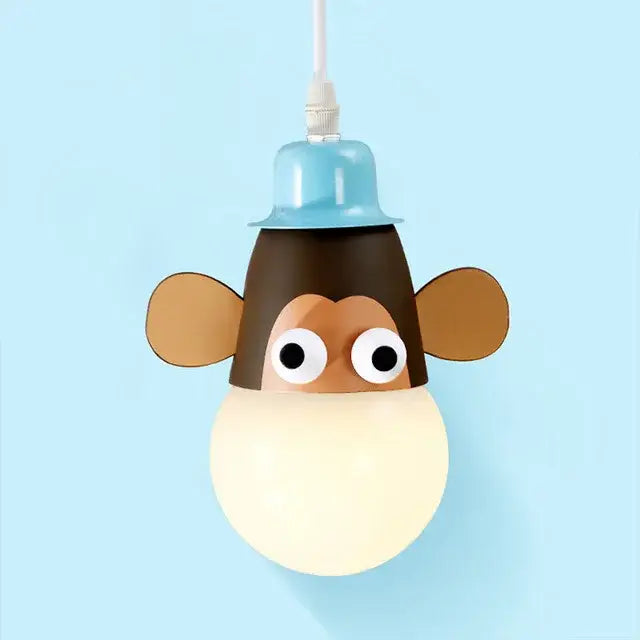 Decorbites animal led ceiling light featuring a cute monkey pendant with a blue hat brown face and large white eyes