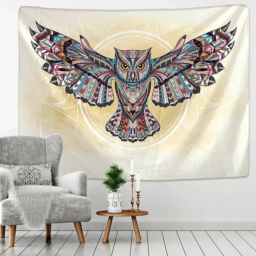 DecorBites™ animal mandala tapestry wall hanging featuring a vibrant owl design in blue purple and brown on cream background