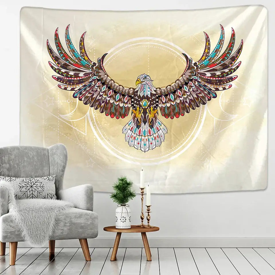 Decorbites™ animal mandala tapestry wall hanging featuring a colorful eagle design in brown teal red and gold on cream background