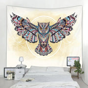 Decorbites vibrant animal mandala tapestry featuring intricately patterned owl with outstretched wings in geometric tribal design