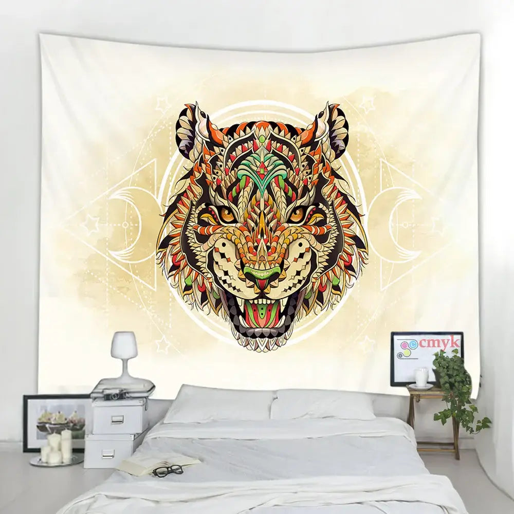 Decorbites™ animal mandala tapestry wall hanging mat featuring a vibrant tiger design in orange green and black patterns