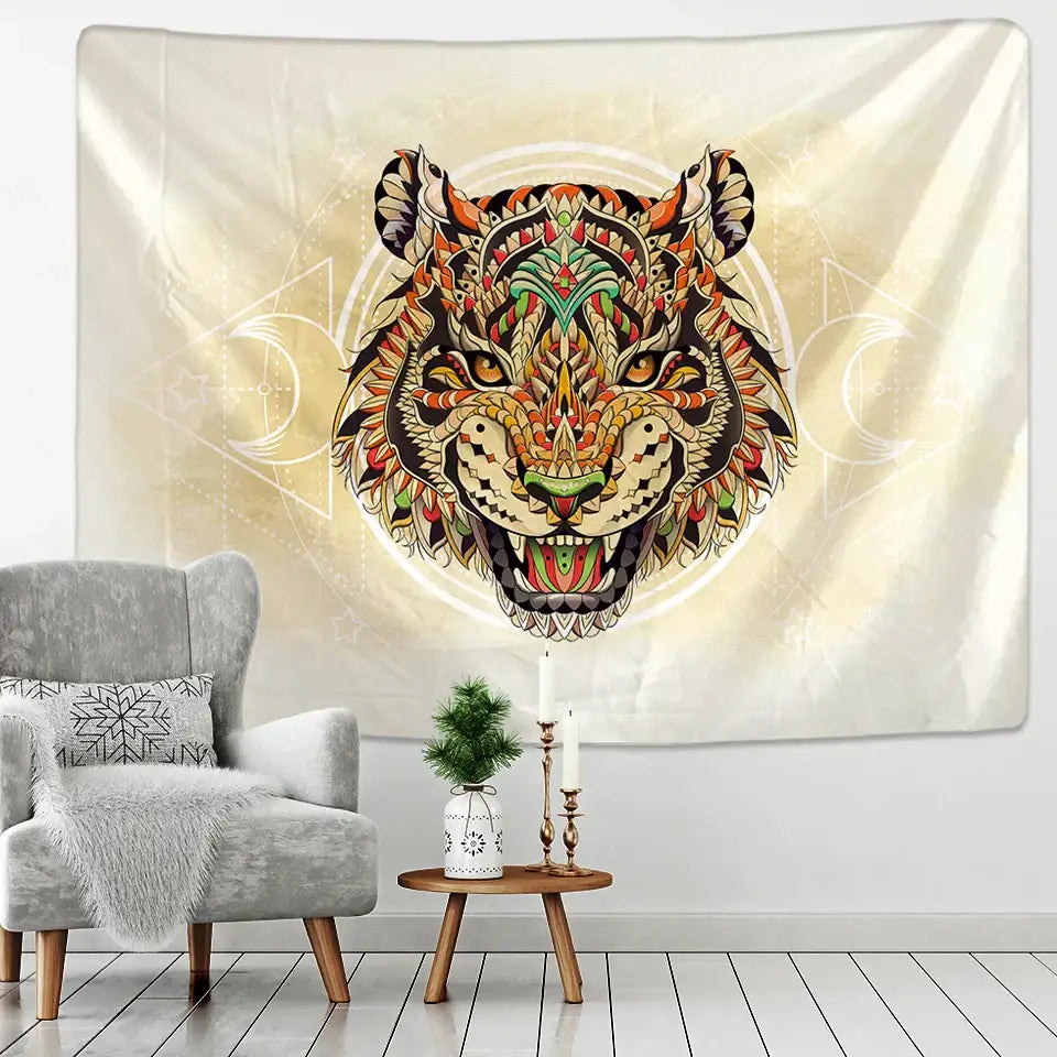 A vibrant orange green and black animal mandala tapestry featuring a detailed tiger head on a cream background by DecorBites