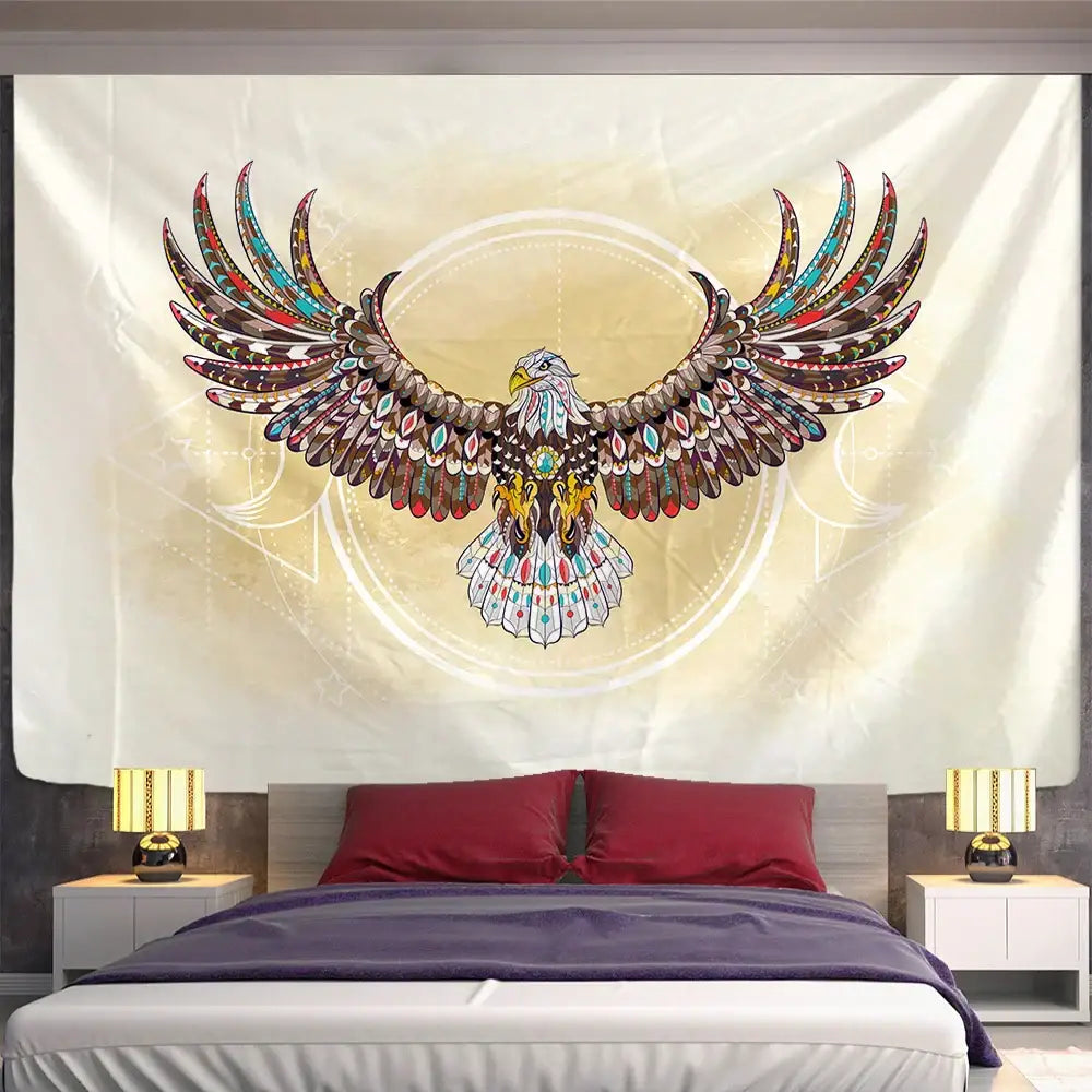 A vibrant multicolored animal mandala tapestry with an eagle design and golden emblem for wall hanging or beach towel use