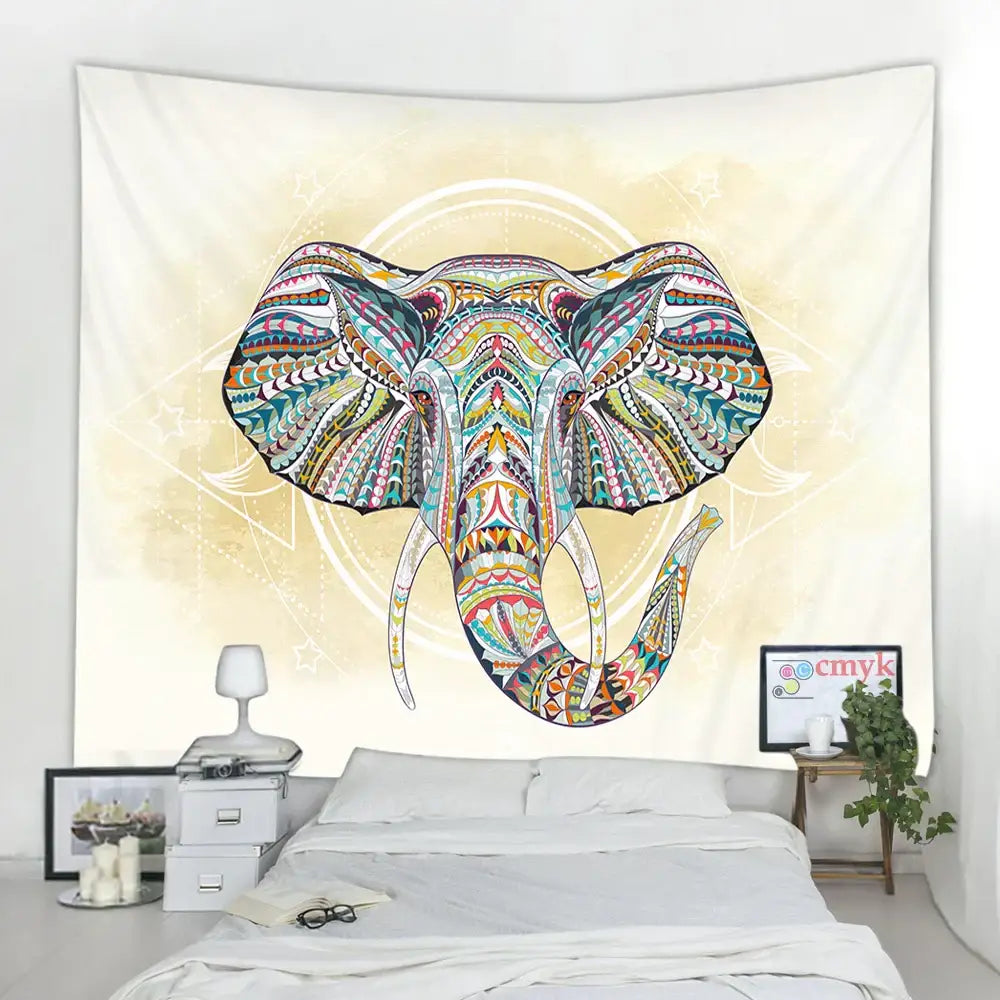 DecorBites™ animal mandala tapestry wall hanging with vibrant multicolored elephant design on cream background