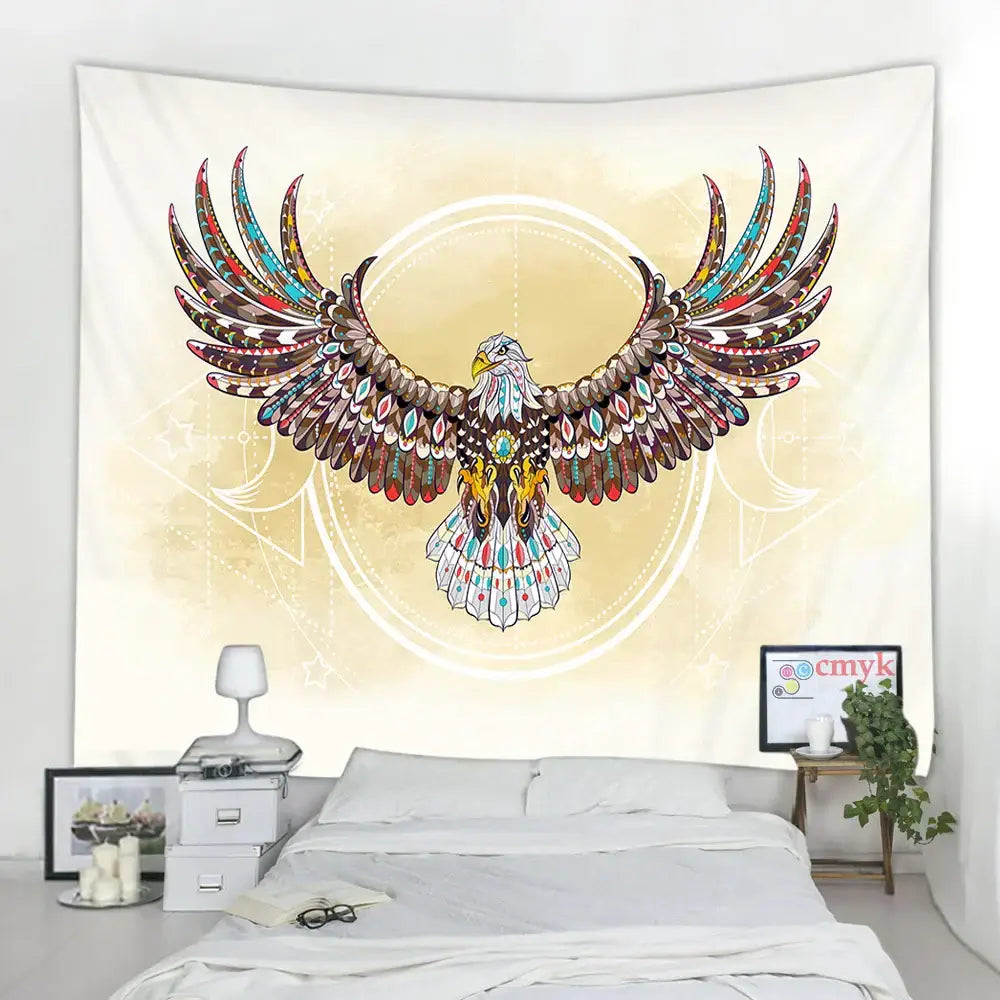 Decorbites™ animal mandala tapestry wall hanging featuring a vibrant eagle with geometric tribal designs on beige background