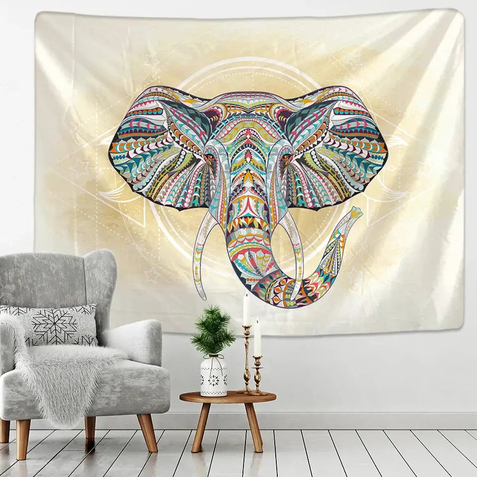DecorBites™ animal mandala tapestry wall hanging featuring a vibrant elephant design with multicolored tribal patterns on cream
