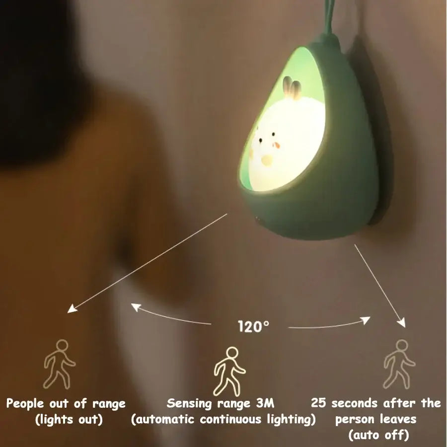 DecorBites™ green silicone animal night light shaped like avocado with bunny face, warm LED glow, USB rechargeable with sensor control