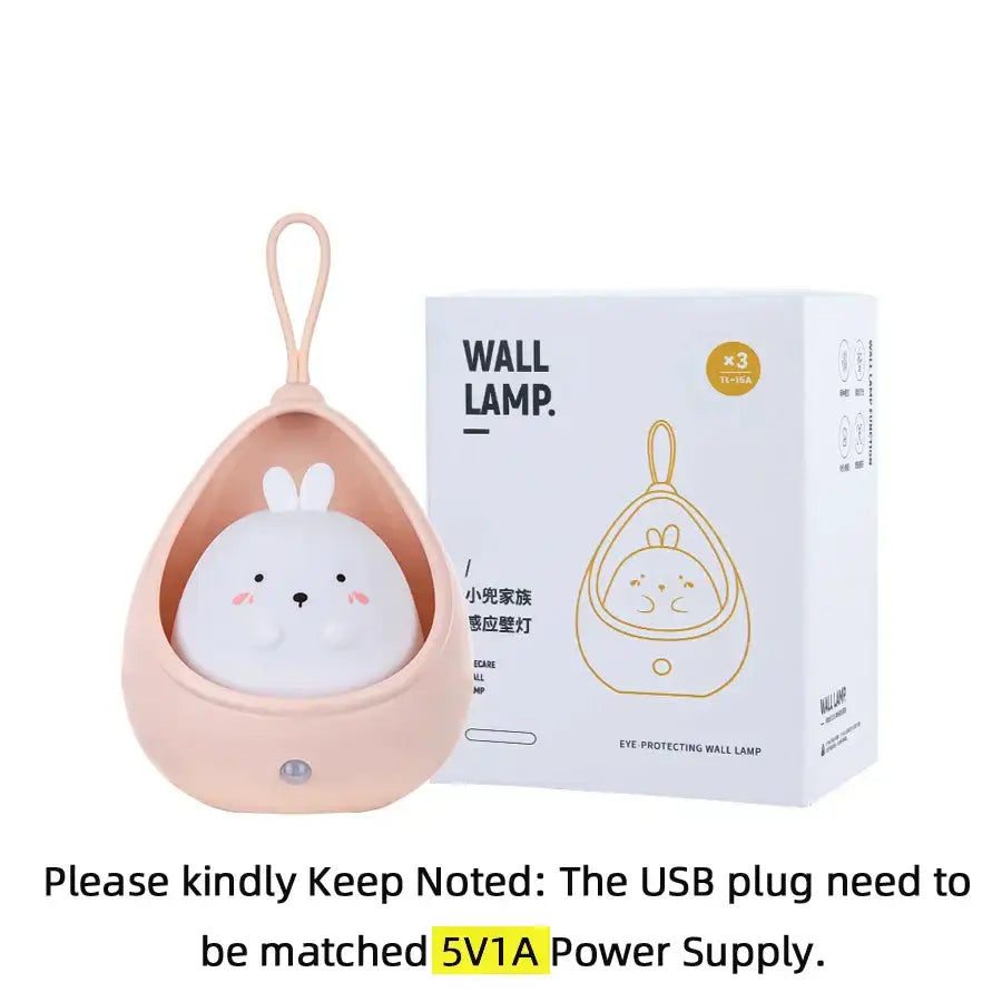 DecorBites™ soft pink silicone animal night light with bunny face USB rechargeable and sensor control for kids