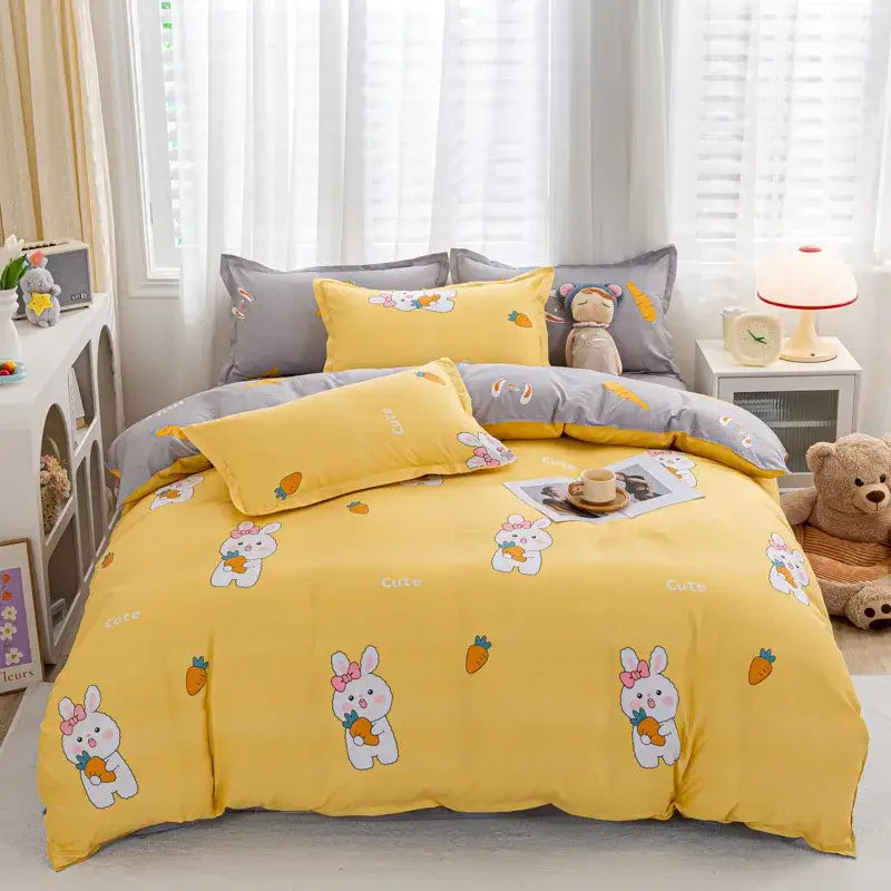 Decorbites™ animal pattern bedding set king queen size quilt with yellow bunny and carrot print and gray accents