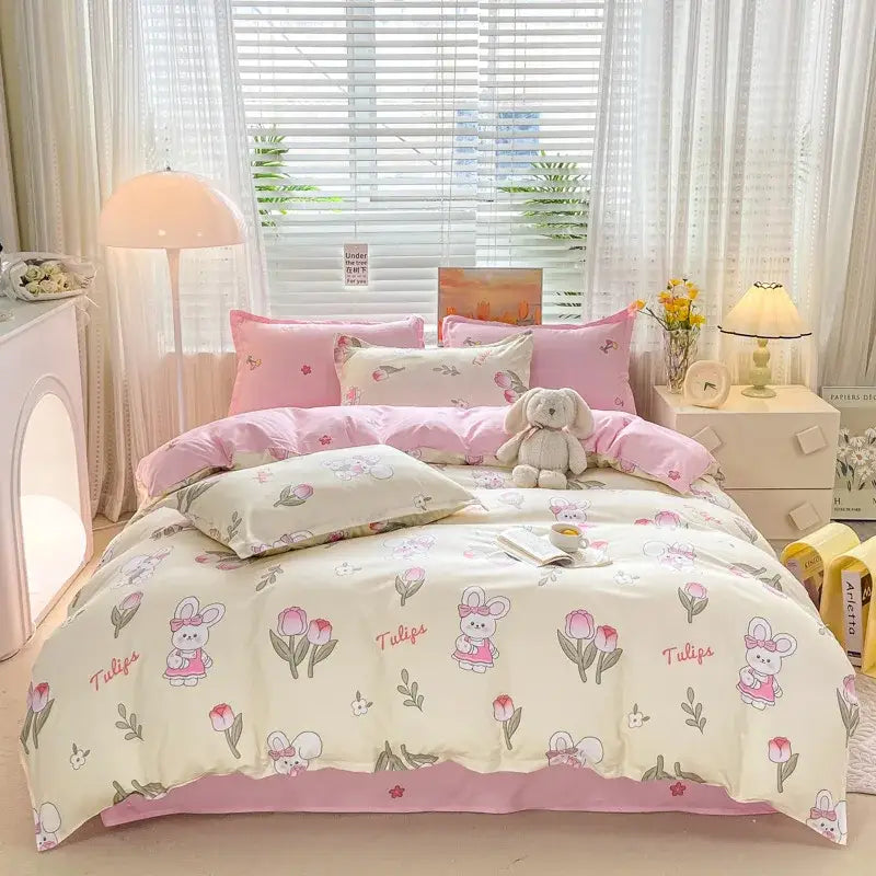 Decorbites™ animal pattern bedding set king queen size pastel pink cream floral with bunny characters and tulips text