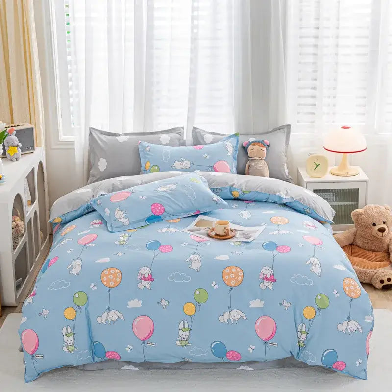 Decorbites™ animal pattern bedding set king queen size quilt set with light blue cartoon bunny and balloon design