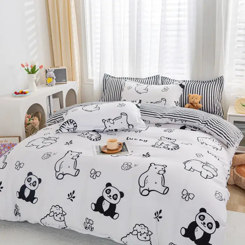 White duvet cover with black cartoon pandas bears and sheep prints in decorbites animal pattern bedding set