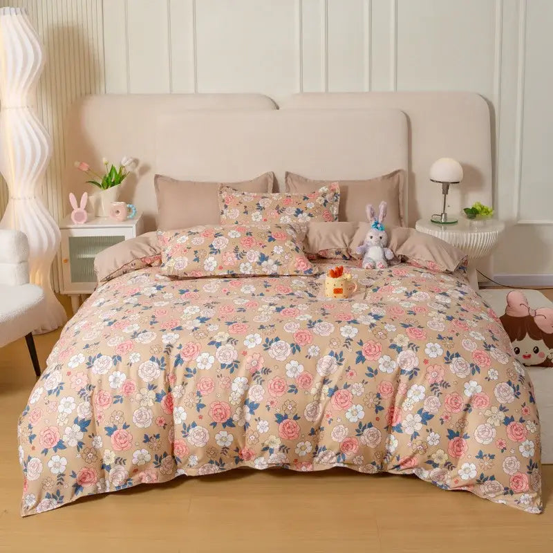 Beige floral bedding set with pink white and blue blossoms on soft cotton fabric from DecorBites animal pattern bedding