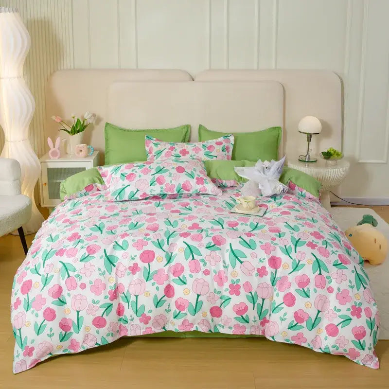 DecorBites™ animal pattern bedding set with pink and green floral design on a white base for king or queen size beds