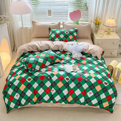 Decorbites™ animal pattern bedding set king queen size quilt with green red black argyle and small cherry motifs