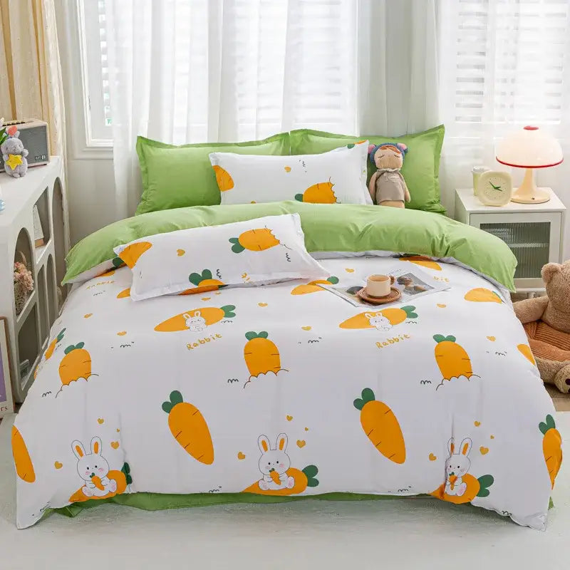 White duvet cover with playful orange carrots and white bunnies and green trim in decorbites™ animal pattern bedding set