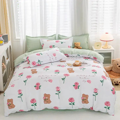 Decorbites animal pattern bedding set king queen size quilt with white cotton duvet featuring pink roses and teddy bears