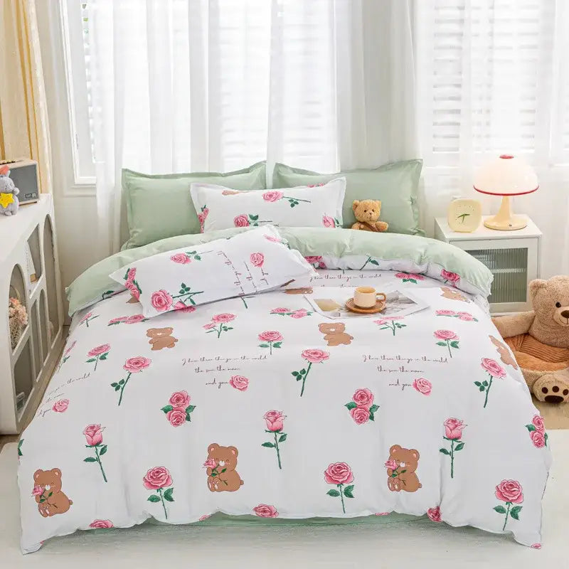 Decorbites animal pattern bedding set king queen size quilt with white cotton duvet featuring pink roses and teddy bears