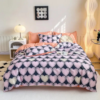 Decorbites™ animal pattern bedding set king queen size quilt with pink cream heart pattern on navy blue background