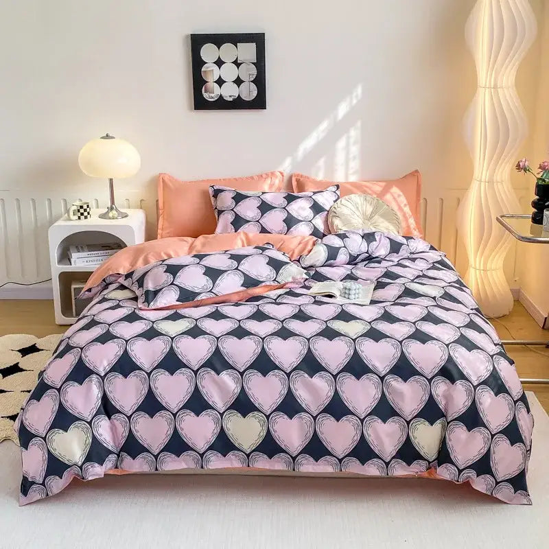 Decorbites™ animal pattern bedding set king queen size quilt with pink cream heart pattern on navy blue background
