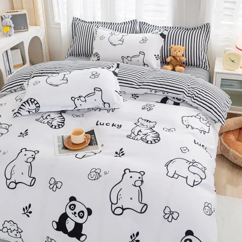 White bedding set with black cartoon animal pattern featuring bears pandas tigers and hippos for comfortable home use