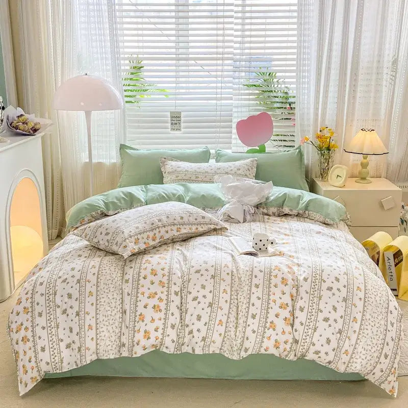 Mint green and cream floral animal pattern bedding set with delicate vertical stripes for king or queen size bed