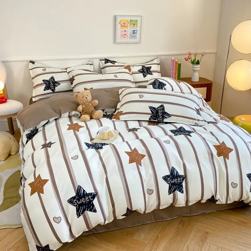 Decorbites™ white and brown striped bedding set with navy blue sweet text and star heart animal pattern for home comfort