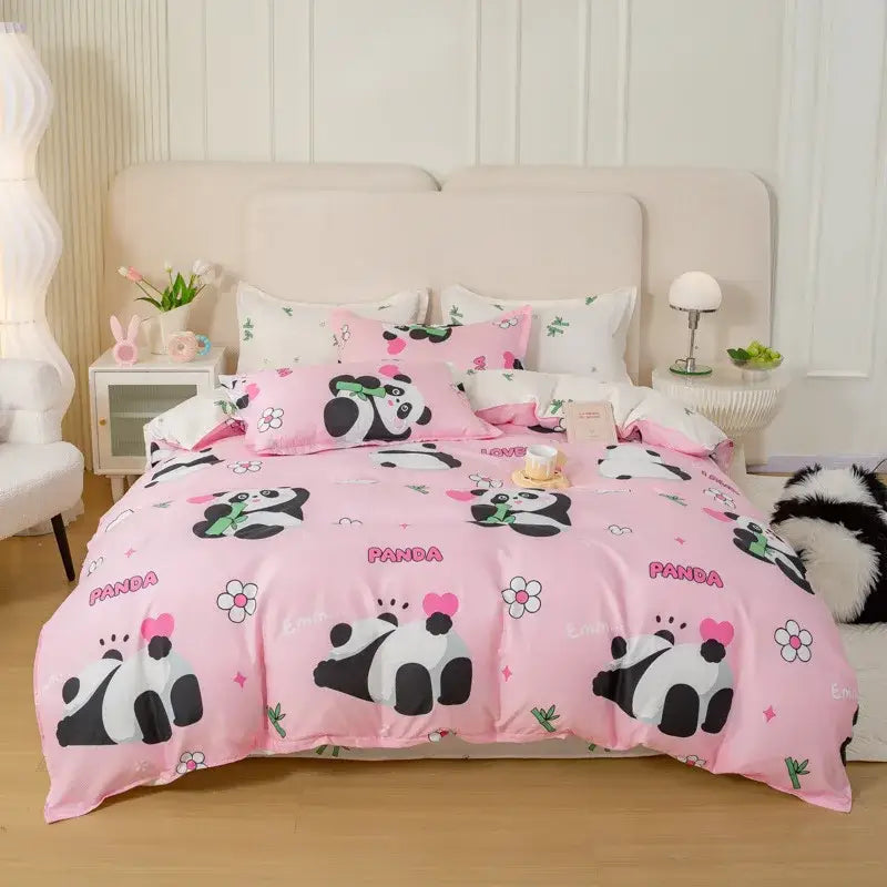 Pink panda-themed bedding set by decorbites featuring animal pattern pandas and flowers on soft fabric for home use