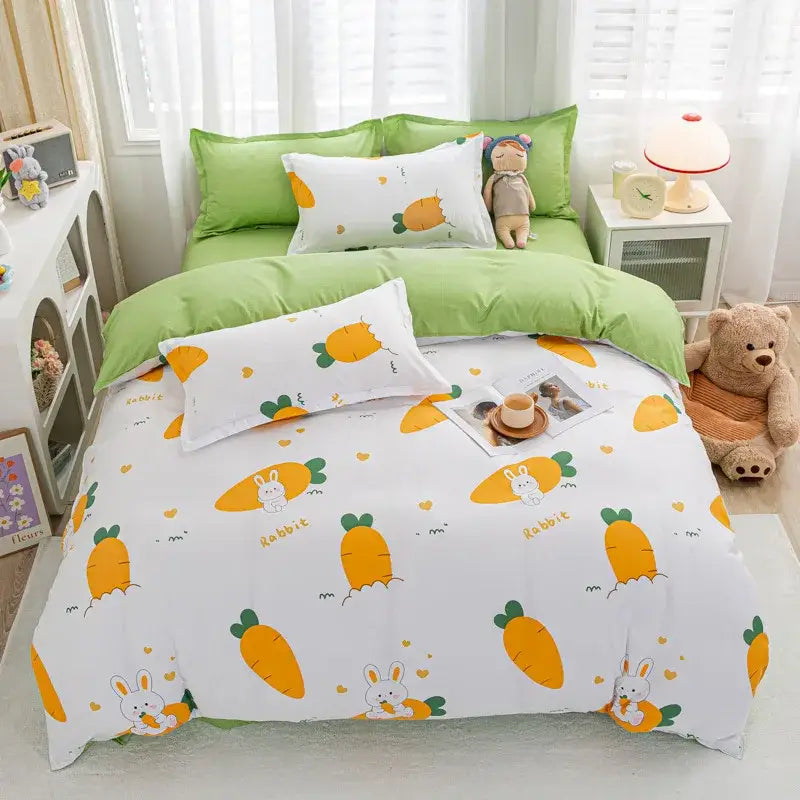 DecorBites™ king queen size animal pattern bedding set with green white carrot theme and cartoon rabbits on quilt set