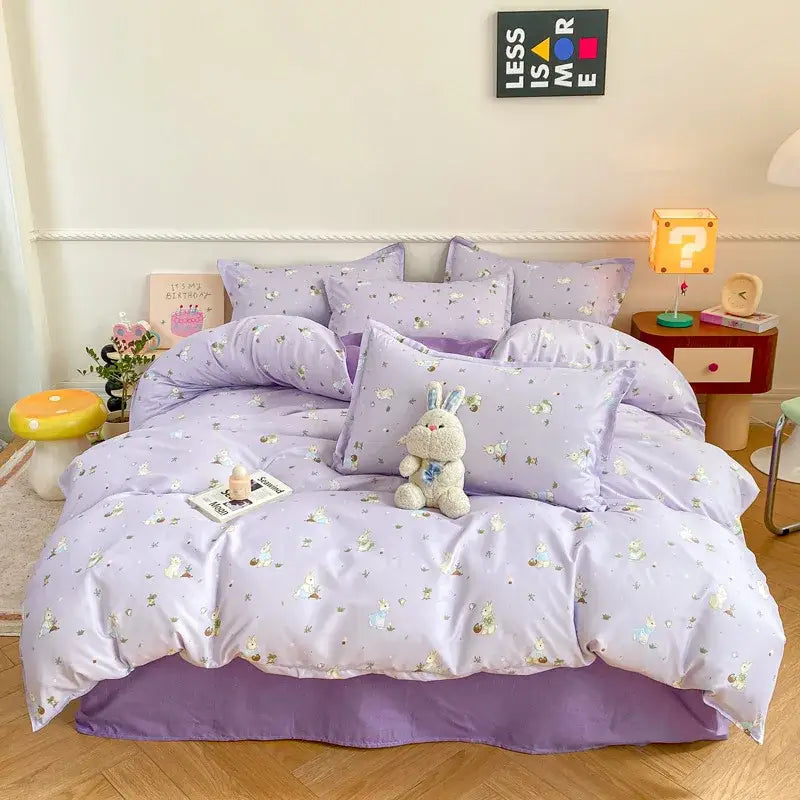 Lavender DecorBites™ animal pattern bedding set with bunny design and subtle gold foil accents for king queen size bed