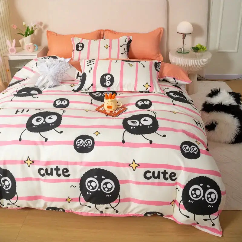 King queen size DecorBites™ animal pattern bedding set with pink white striped duvet and black cartoon creatures design