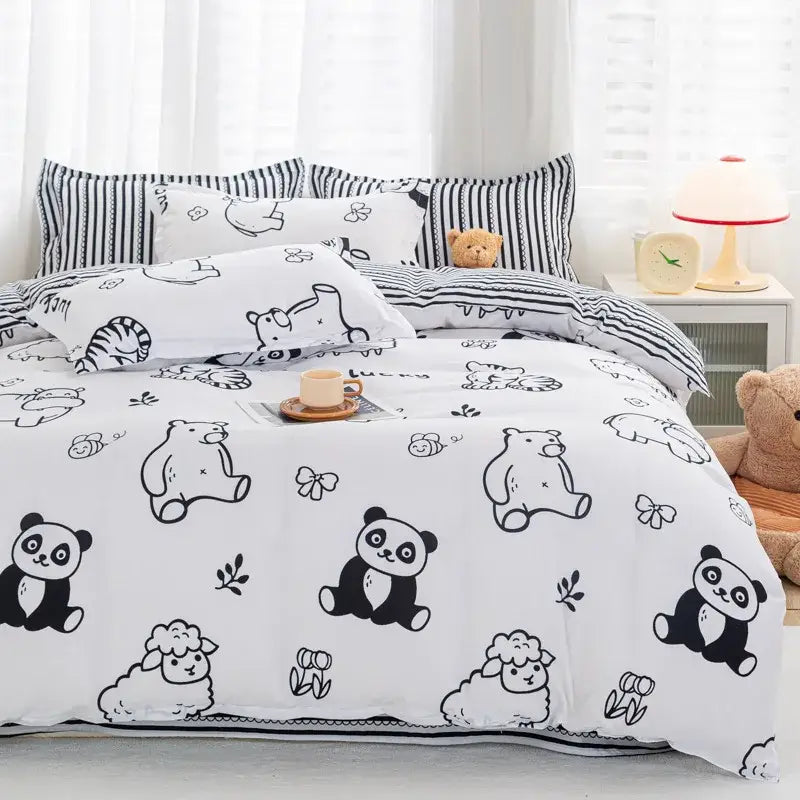 Decorbites™ animal pattern bedding set king queen size white duvet cover with black cartoon pandas sheep and butterflies