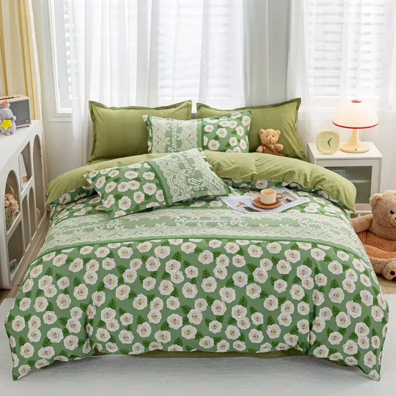 Green floral comforter bedding set with white roses and lace trim for DecorBites animal pattern bedding set king queen